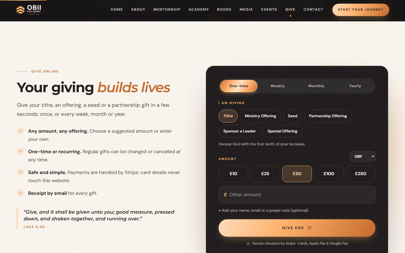Giving through Stripe: offerings, frequencies and currencies in one form.