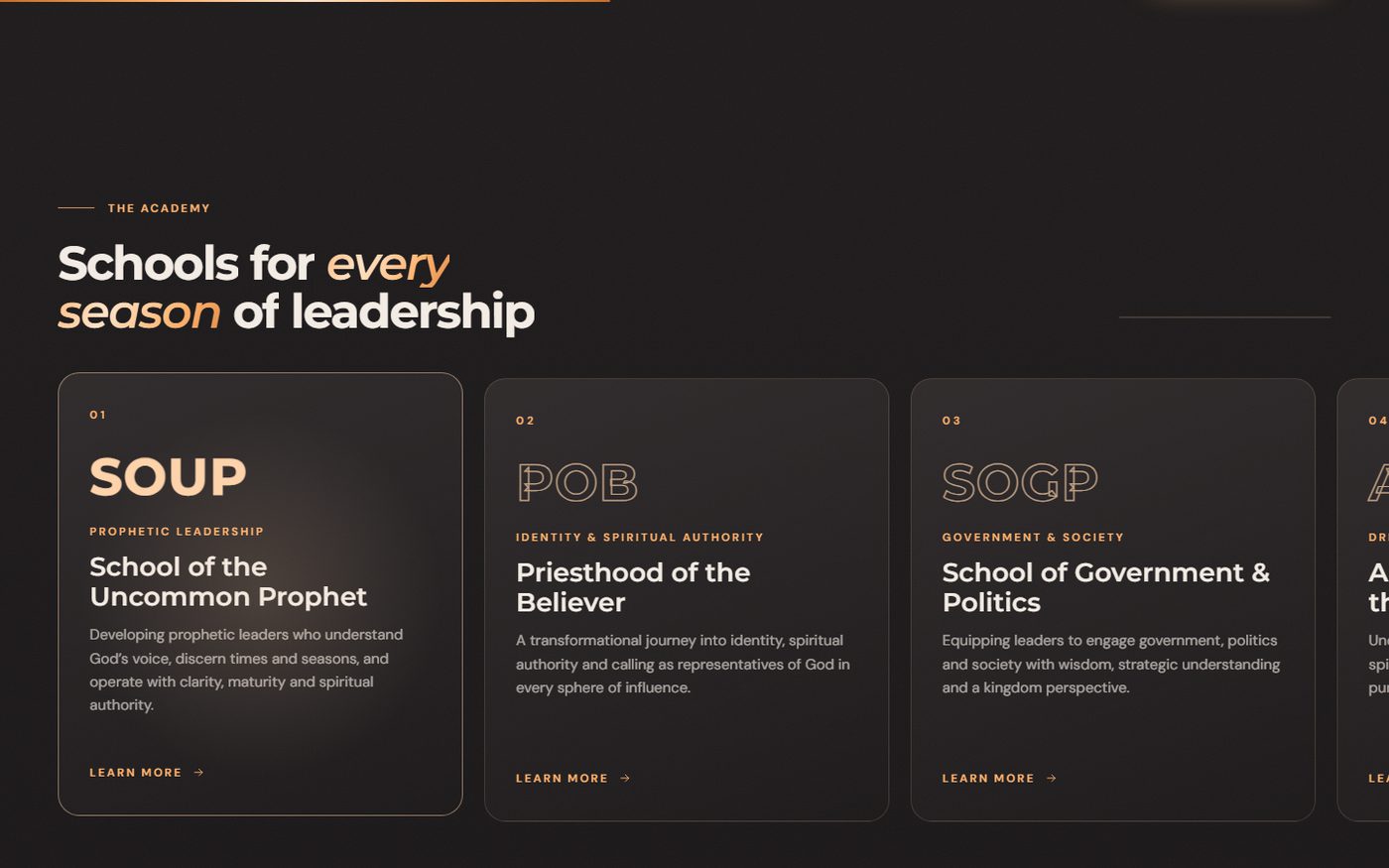 The Academy: six schools on a rail that slides sideways as you scroll.
